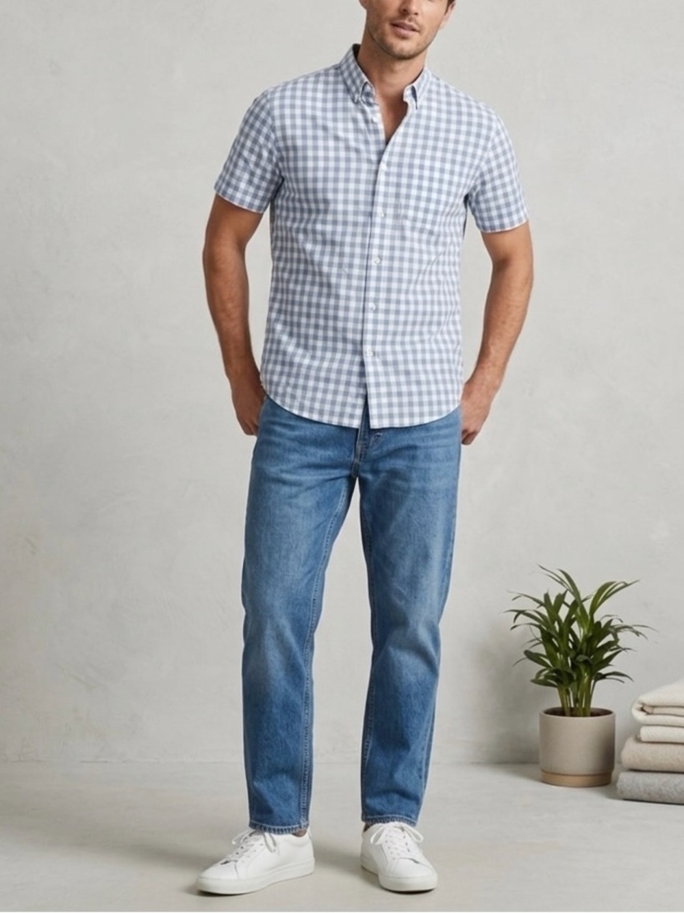 J.Crew Mens Slim Fit Blueish Grey Gingham Short Sleeve Button Down Shirt